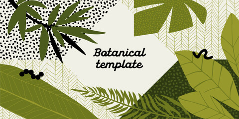 Retro style green tropical leaves and geometry template. Eco-friendly summer design for print, business card, invitation, banner
