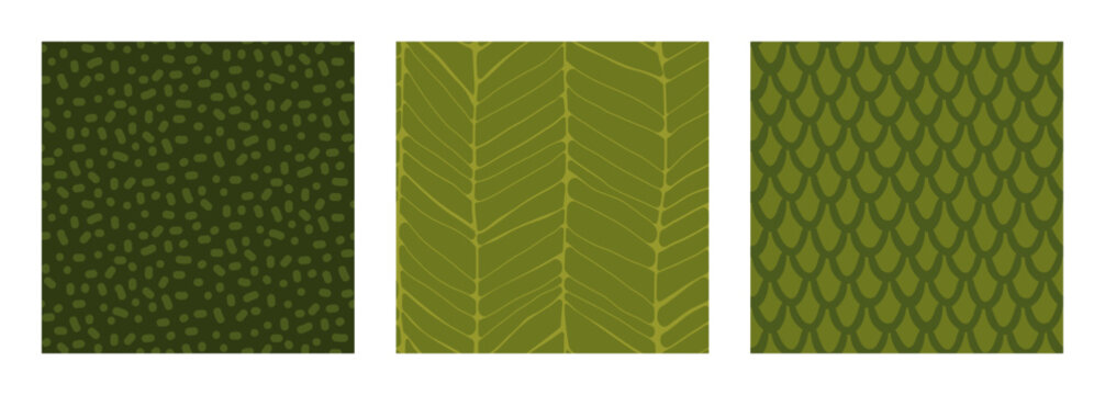 Green eco friendly set seamless pattern with abstract nature shapes. Fresh organic background design concept. Minimalist tiles: scales, grain, leaf structure