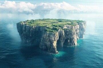 Naklejka premium A picturesque landscape of Capri, Italy, featuring colorful houses nestled among hills and the sparkling Mediterranean Sea. Top view of a remote rocky outpost amidst a calm sea .