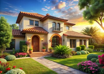 Obraz premium Modern Mediterranean Villa: Elegant Architecture, Lush Landscaping, Sunny Day