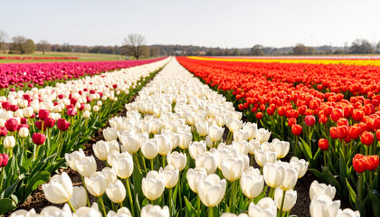 Vibrant tulip fields in full bloom at midday, nature's beauty