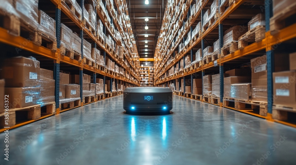 Aufkleber A robotic device navigates through a spacious warehouse filled with shelves stacked with boxes, enhancing sorting and fulfillment processes during busy working hours.