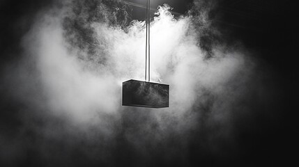 Dark room, smoky atmosphere, suspended rectangular object