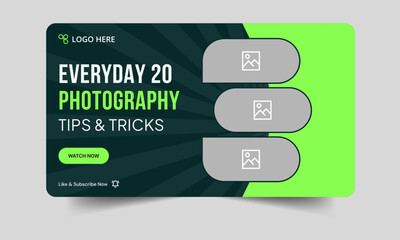 Trendy photo shoot tips and tricks video cover banner design, daily photography techniques video thumbnail banner design, customizable vector eps 10 file format