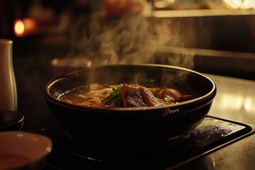 A steaming bowl of delicious ramen with pork, broth, and noodles in dim lighting, creating a cozy atmosphere.