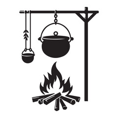 Outdoor Cauldron Cooking Silhouette Over Campfire With Tripod Design