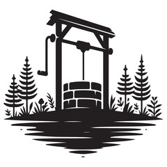 Water well silhouette landscape drawing vector illustration template
