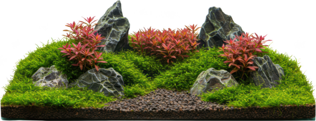 Aquatic Plantscape Vibrant Red Green Aquarium Moss Rocks and Gravel Landscape