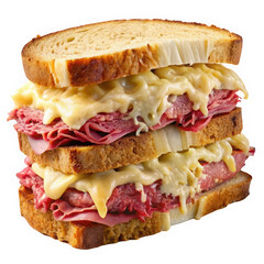 A delicious stacked sandwich featuring layers of corned beef, melted cheese, and toasted rye bread, perfect for a hearty meal.
