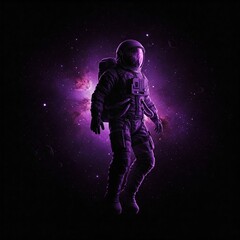 Fototapeta premium Artificial Intelligence Image: Purple and black astronaut floats in space, mystery, vastness, solitude, admiration.