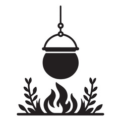 Cauldron Hanging above Fire Illustration Rustic Cooking Scene