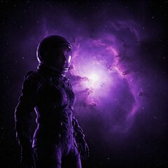 Naklejka premium Artificial Intelligence Image: Purple and black astronaut floats in space, mystery, vastness, solitude, admiration.