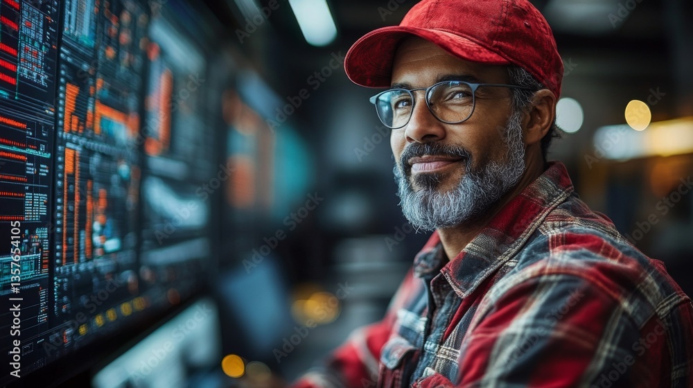 Fototapete A logistics professional monitors multiple screens filled with data and analytics in a distribution hub, ensuring smooth inventory management and efficient operations during working hours.