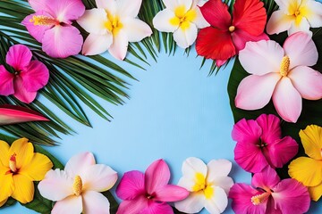Vibrant tropical flowers & leaves frame on blue