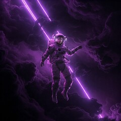 Naklejka premium Artificial Intelligence Image: Purple and black astronaut floats in space, mystery, vastness, solitude, admiration.