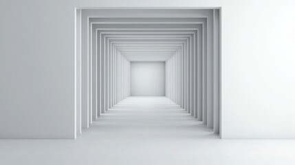 Minimalist tech design and elegance interface, A minimalistic corridor with repeating archways creating a sense of depth and perspective, featuring a clean, white aesthetic.