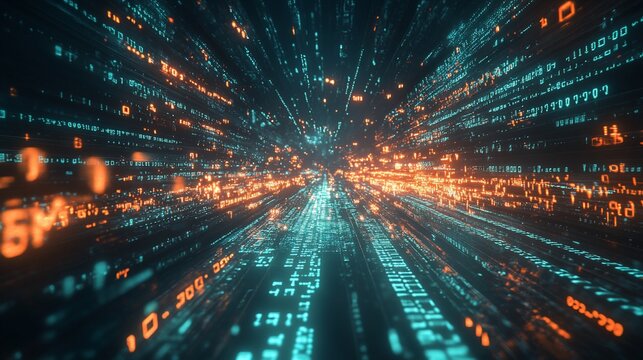 Digital data stream, rapid movement.  A vibrant, abstract depiction of a data tunnel, filled with flashing,  digitally-encoded information that radiates outward in a  hyper-speed  effect