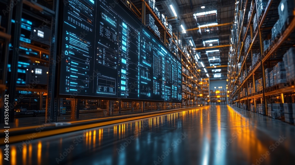 Poster inside a modern warehouse, illuminated pathways highlight organized shelves lined with various cargo