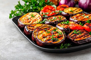 Colorful slices of grilled eggplant and tomatoes are beautifully arranged on a black platter, garnished with fresh parsley, perfect for a summer meal or barbecue
