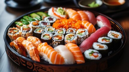 A decorative platter features a variety of delicious sushi pieces