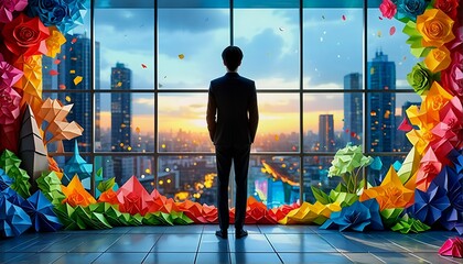 A man looking out of a window at a cityscape with colorful paper flowers.