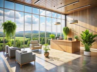 Modern Reception Area Design:  Spacious Lobby with Natural Light & Greenery