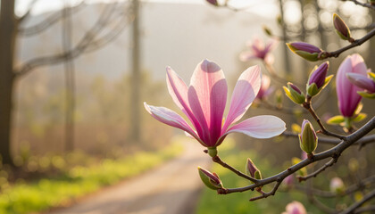 Fototapeta premium Vibrant magnolia bloom along woodland path in morning mist, nature's beauty