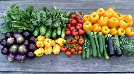 Colorful assortment of fresh garden vegetables eggplant, zucchini, peppers, tomatoes, cucumbers, and leafy greens arranged on a wooden surface.