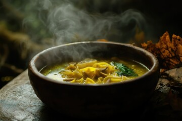 A bowl of steaming, homemade pasta soup with herbs on a rustic wooden table, evoking warmth and comfort.