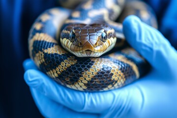 Obraz premium Colorful patterned snake gently held by gloved hands, representing exotic pet care, veterinary handling and reptile safety in controlled environment, Generative AI