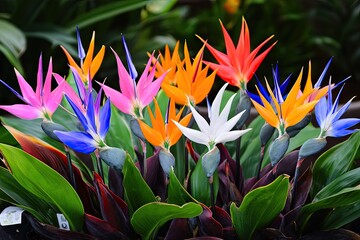 Vibrant cluster of exotic bird-of-paradise flowers in diverse colors