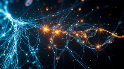 Obraz premium Futuristic Abstract Neural Network Visualization Featuring Illuminated Electric Blue and Orange Connections with Glowing Nodes on Dark Background, Concept of Artificial Intelligence and Data Transfer.
