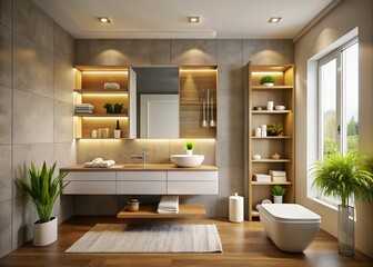 Fototapeta premium Modern Small Bathroom Design with Stylish Storage and Minimalist Decor