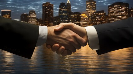 A successful business deal being celebrated with a handshake in front of a city skyline