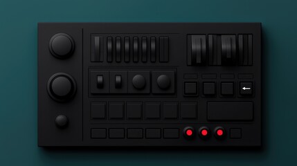 Minimalist tech design and elegance interface, A sleek black control panel featuring various knobs and buttons, ideal for audio or video equipment, set against a dark green background.