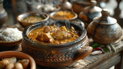 Chettinad Chicken Curry Spread fiery Chettinad Chicken Curry slow cooked aromatic spice served fluffy appams coconut rice side of crispy Medu Vada setting rustic clay pot traditional brassware