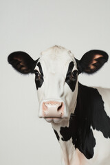 Cow's Direct Gaze: A close-up shot of a cow, showcasing its striking black and white pattern, inquisitive eyes, and distinctive features, against a simple backdrop.