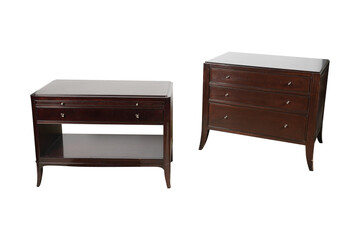 antique furniture isolated on white  Barbara Barry for Baker Furniture Dark Mahogany Three-Drawer Bedside Chest 