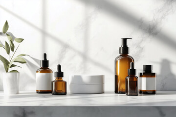 collection of bottles and vials of various sizes and shapes are displayed on a marble countertop. The bottles are arranged in a way that creates a visually appealing and organized display