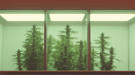 Naklejka premium Cannabis Cultivation: Inside a grow room, cannabis plants thrive under controlled conditions, a testament to modern agricultural techniques.