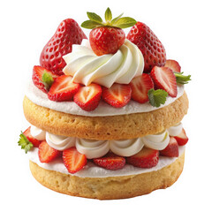 Delicious layered strawberry cake with whipped cream, topped with fresh strawberries and mint, showcasing a vibrant and festive dessert.