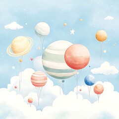 Fototapeta premium Pastel Planets Floating in Sky.