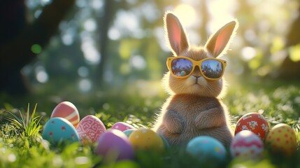 A cool Easter bunny sporting stylish sunglasses amidst a vibrant springtime egg hunt in a sun-drenched park.