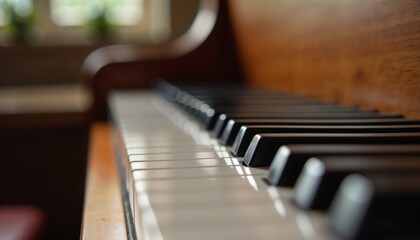 Close-up of piano keys, soft focus background, musical instrument, artistic ambiance, copy space