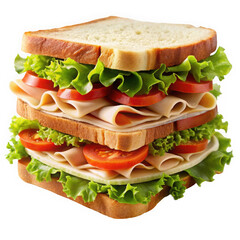 A towering sandwich with layers of turkey, fresh lettuce, and ripe tomatoes between slices of golden bread, showcasing a delicious, fresh meal.
