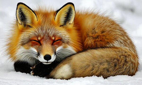 Sleeping red fox curled up in snow with closed eyes, fur glowing in soft natural light. Concept of wilderness peace and animal serenity