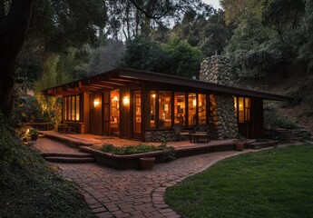 Rustic mid-century modern home at twilight, nestled in a valley
