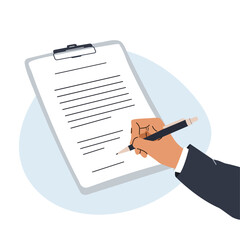Hands hold a pen and write on paper. A person writes a letter, signs a document. The concept of an agreement, notarization of a document, signing a contract. Vector illustration in flat style.	