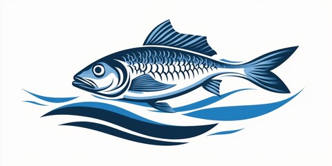 Fototapeta premium Graceful Blue Fish Swimming in Stylized Waves - Symbolic Illustration for Aquatic Themes and Design