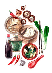 Hand drawn watercolor food illustration. Asian cuisine dishes. Miso soup with tofu. Dumplings in the steamer with soy sauce and ingredients.